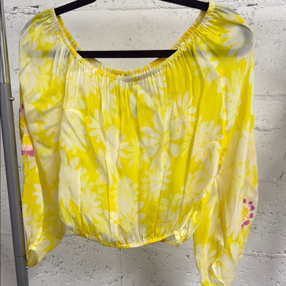 TAJ Off Shoulder Sequin Floral Yellow Crop Top - Long Sleeve - Summer Top